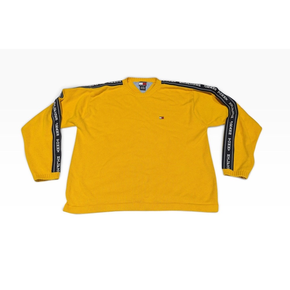 Y2K Tommy Hilfiger Jeans Mens Yellow Cotton Knit Logo Tape Sleeve Sweater XL